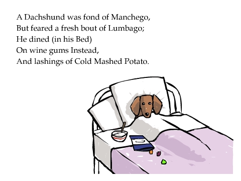 A Dachshund was fond of Manchego,
But feared a fresh bout of Lumbago;
He dined (in his Bed)
On wine gums Instead,
And lashings of Cold Mashed Potato.