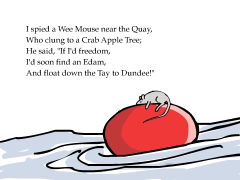 I spied a Wee Mouse near the Quay,
Who clung to a Crab Apple Tree;
He said, 'If I'd freedom, 
I'd soon find an Edam,
And float down the Tay to Dundee!'