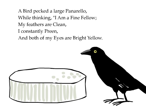 A Bird pecked a large Panarello,
While thinking, 'I Am a Fine Fellow;
My feathers are Clean,
I constantly Preen,
And both of my Eyes are Bright Yellow.'