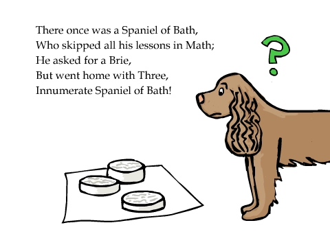 There once was a Spaniel of Bath,
Who skipped all his lessons in Math;
He asked for a Brie,
But went home with Three,
Innumerate Spaniel of Bath!
