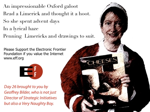 An impressionable Oxford galoot
Read a Limerick and thought it a hoot.
So she spent advent days
In a lyrical haze
Penning  Limericks and drawings to suit.